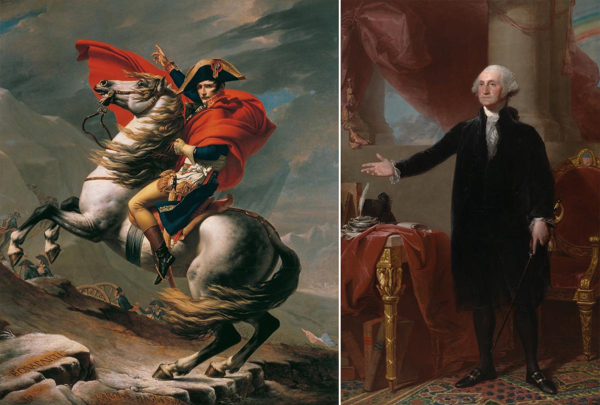 (Left) "Napoleon Crossing the Alps," 1801 1803, by Jacques-Louis David. Oil on canvas; 96 3/4 inches by 90 15/16 inches. Vienna Museum of Art History. (Right) "George Washington (Lansdowne Portrait)," April 12, 1796, by Gilbert Stuart. Oil on canvas; 97 1/2 inches by 62 1/2 inches. National Portrait Gallery, Washington. (Public Domain)