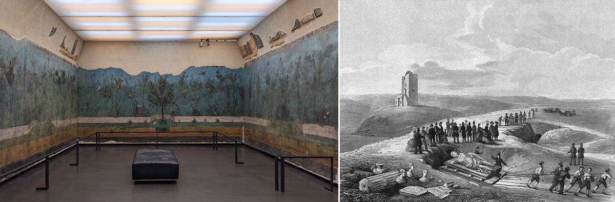 (Left) One of Empress Livia's summer triclinium rooms in the Villa of Livia, now at Palazzo Massimo. (Right) An 1865 print depicting the discovery of the Augustus of Prima Porta statue in the Villa of Livia in Prima Porta, Italy. (Public Domain)