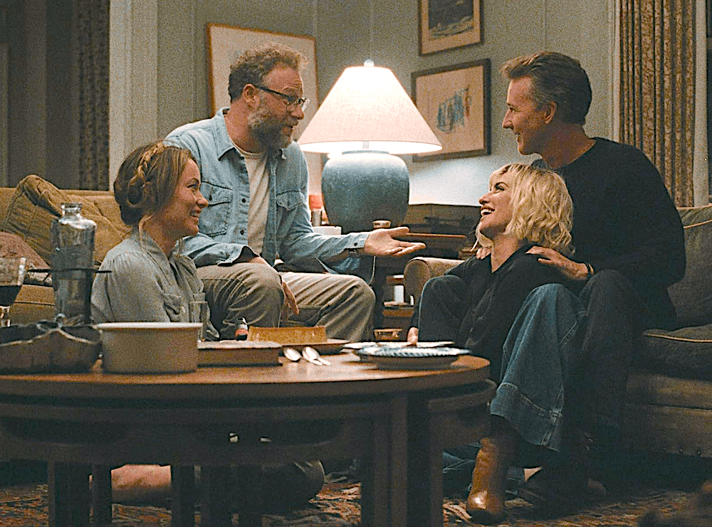 (L–R) Angela (Olivia Wilde), Joe (Seth Rogen), Piña (Penélope Cruz)<span style="color: #ff0000;">,</span> and Hawk (Edward Norton) have a dinner date, in "The Invite." (Annapurna Pictures/A24)