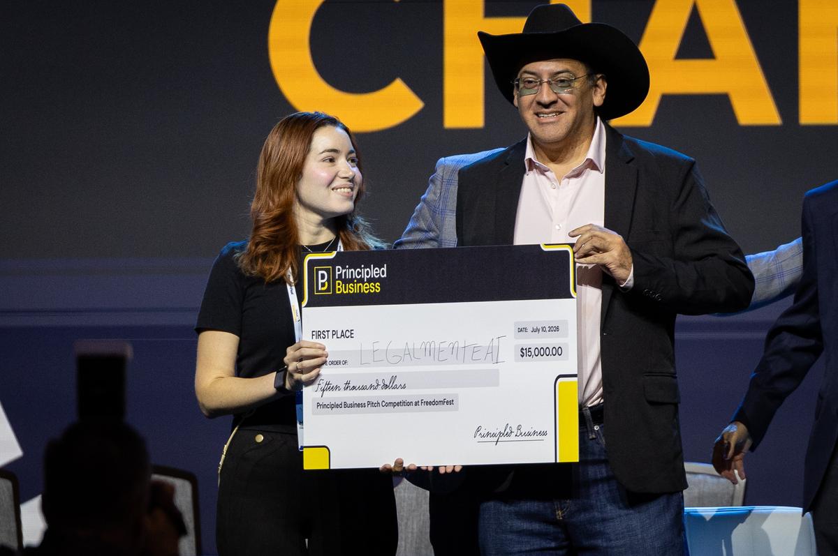 Jose Padilla is announced as the winner of the Principled Business Pitch competition at Freedomfest on July 10, 2026. (John Fredricks/The Epoch Times)