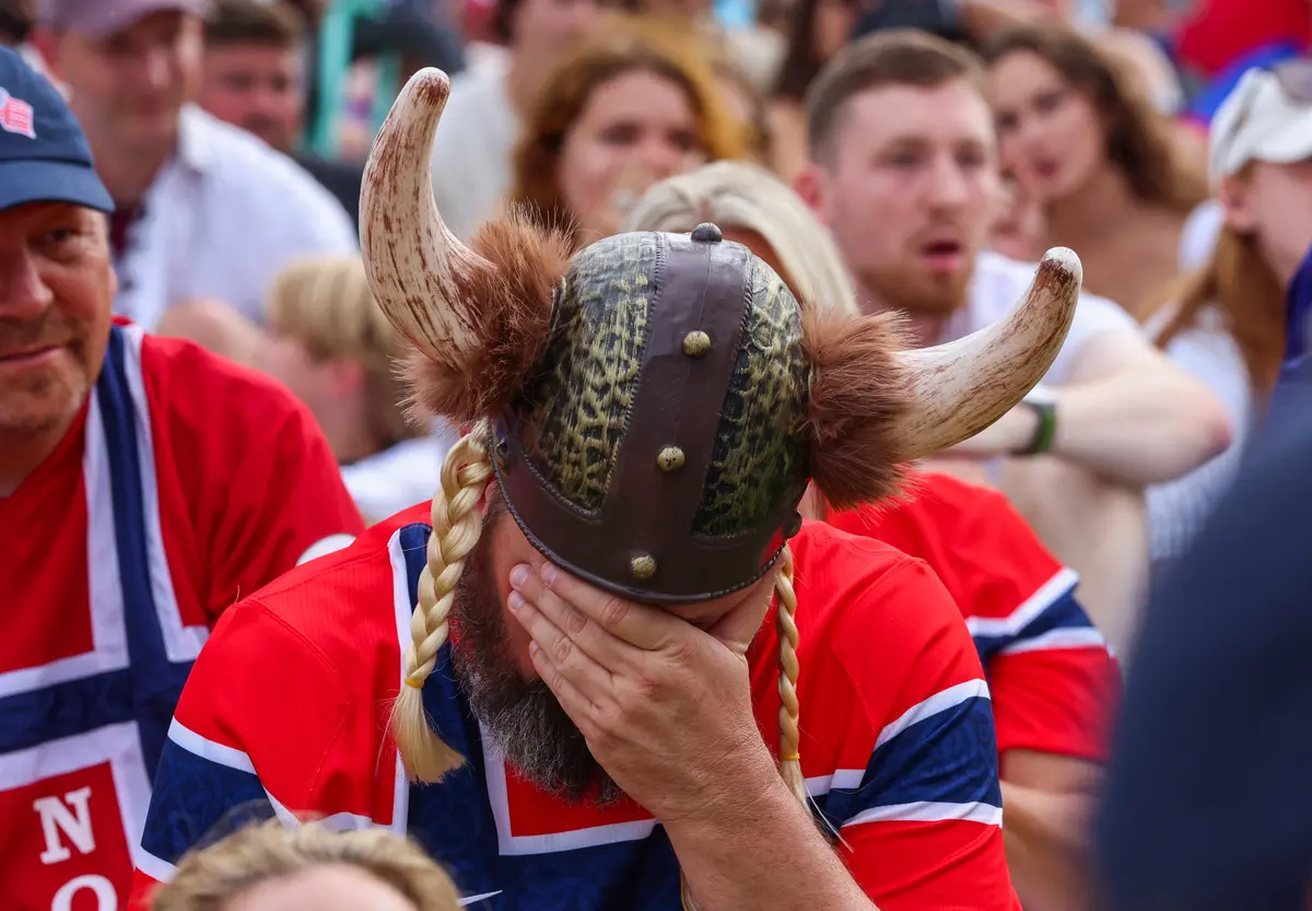 A Norway fan reacts to a disallowed goal as fans gather to watch the World Cup quarterfinal football match between England and Norway, in Miami Beach, Fla., on July 11, 2026. (Giorgio Viera / AFP via Getty Images)