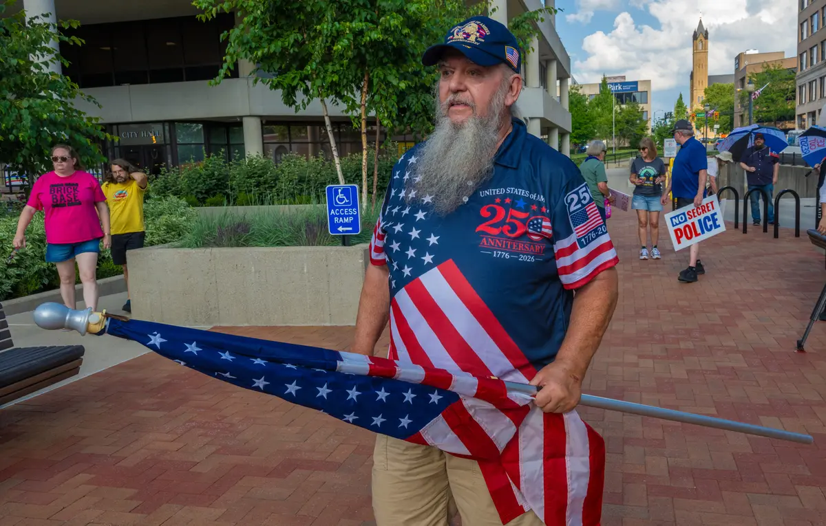 Terry Adkins of Springfield, Ohio, attends a pro-Haitian demonstration at the Springfield City Hall supporting America's 250th birthday and American citizens on July 3, 2026. (Glenn Hartong for The Epoch Times)