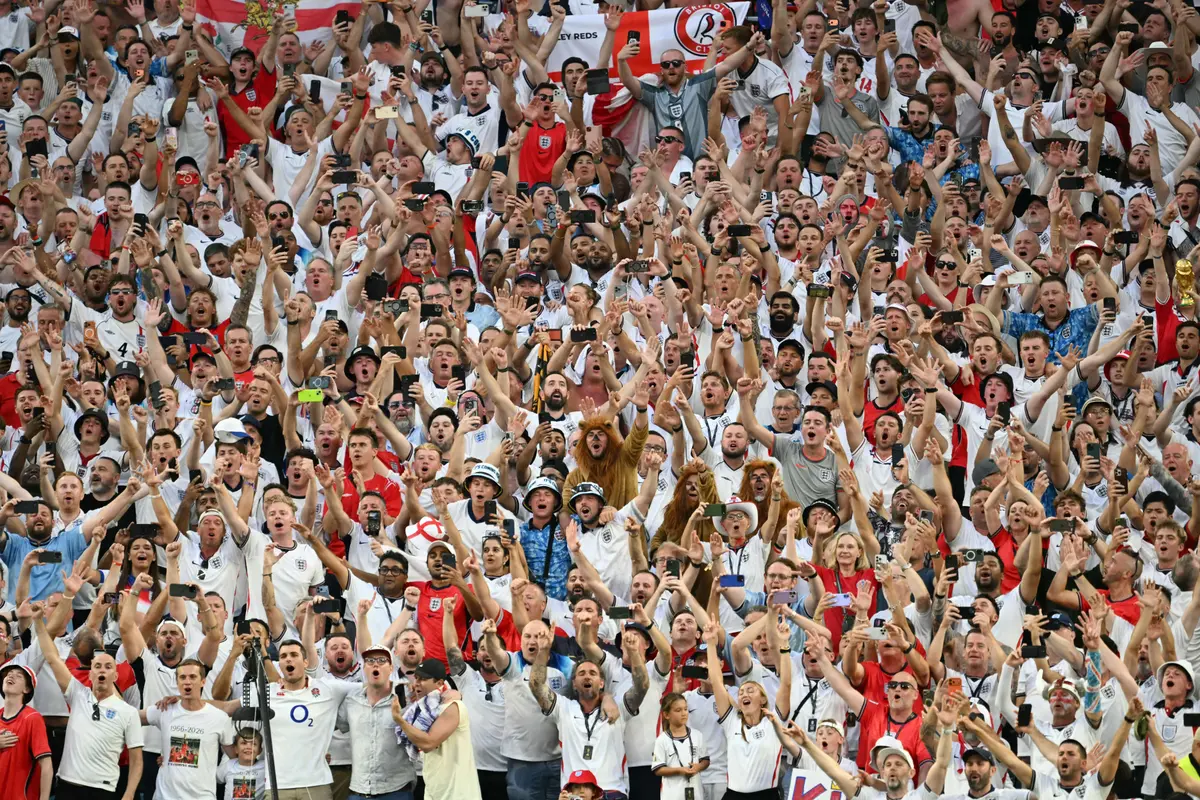 England's fans celebrate after winning the 2026 World Cup football tournament quarterfinal match between Norway and England at Miami Stadium in Miami Gardens, Miami, on July 11, 2026. (Chandan Khanna / AFP via Getty Images)