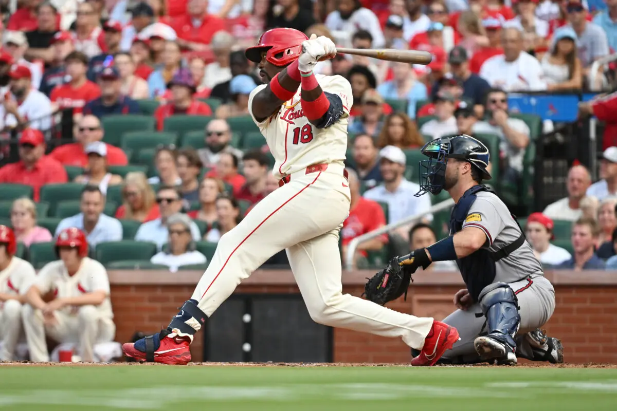 Jordan Walker #18 of the St. Louis Cardinals hits a single in the first inning against the Atlanta Braves at Busch Stadium in St Louis, Missouri, on July 11, 2026. (Michael B. Thomas/Getty Images)