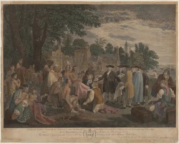 “William Penn's Treaty With the Indians,”1775, by John Hall, after Benjamin West. Engraving and etching with watercolor on laid paper; 16 13/16 inches by 23 1/4 inches. The McNeil Americana Collection, National Gallery of Art, Washington. (Public Domain)