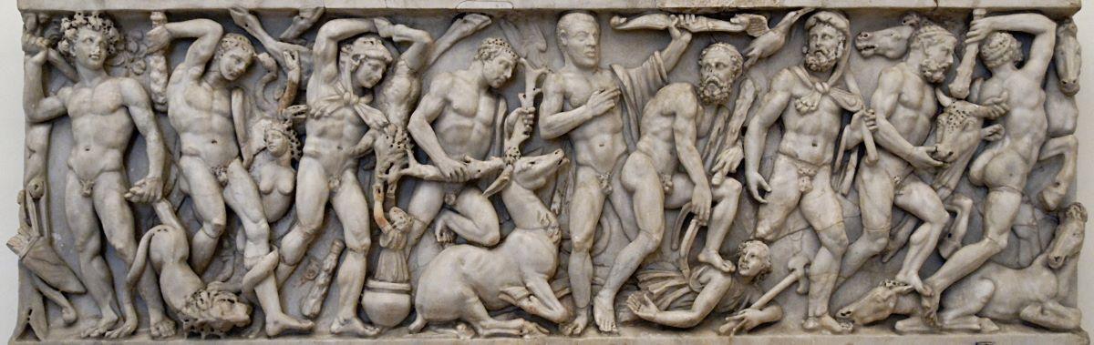 Roman relief (A.D. 3rd century) depicting a sequence of the Labors, representing (L–R) the Nemean lion, the Lernaean Hydra, the Erymanthian Boar, the Ceryneian Hind, the Stymphalian birds, the Girdle of Hippolyta, the Augean stables, the Cretan Bull, and the Mares of Diomedes. National Roman Museum of Altemps Palace. (Public Domain)