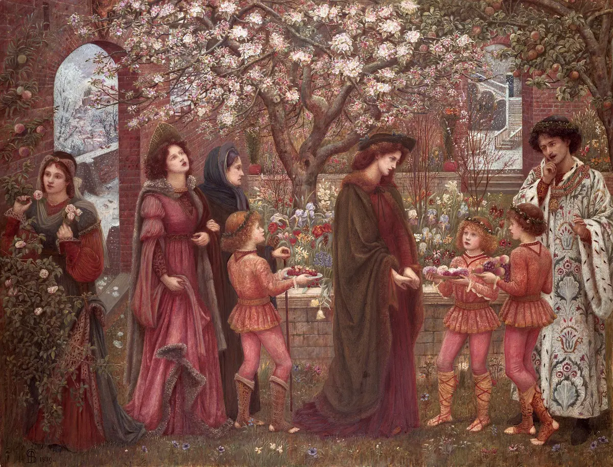 "The Enchanted Garden," 1889, by Marie Spartali Stillman. Pencil, watercolor and bodycolor heightened with gum arabic on paper; 30 5/8 inches by 39 3/4 inches. (Public Domain)