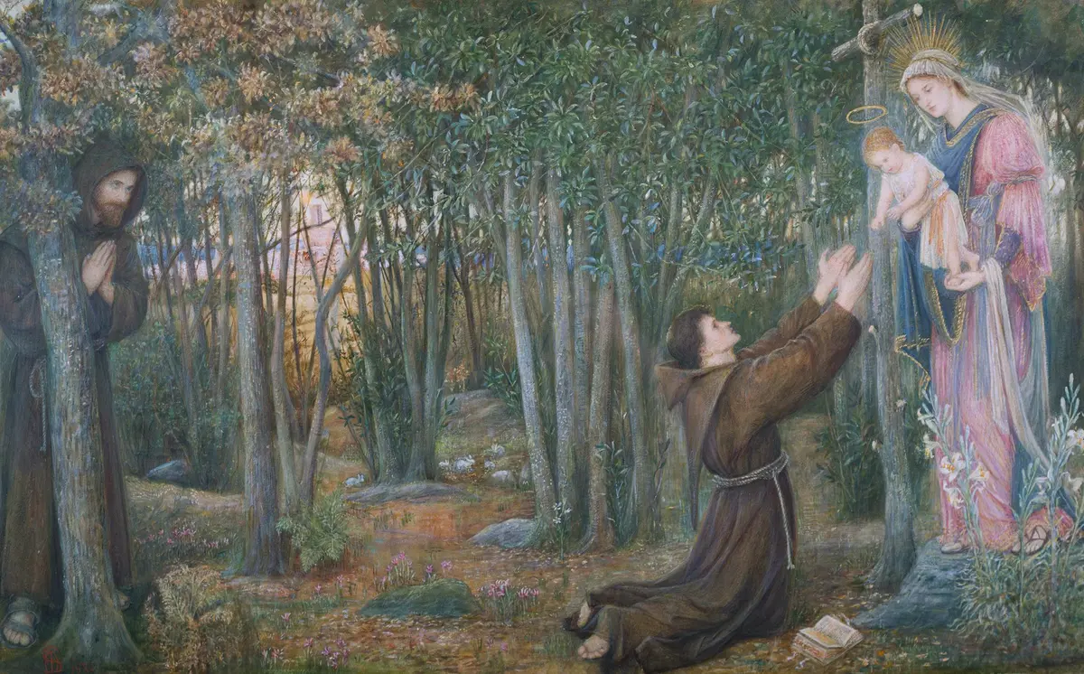 "How the Virgin Came to Brother Conrad in Offia and Laid her Son in his Arms," 1892, by Marie Spartali Stillman. Watercolor, gouache, and gold paint on paper; 19 1/2 inches by 31 1/2 inches. Wightwick Manor, U.K. (Public Domain)
