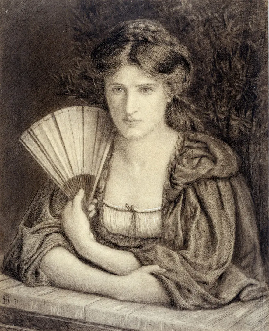 Self-portrait, 1871, by Marie Spartali Stillman. Charcoal and white chalk on paper; 25 3/8 inches by 20 5/8 inches. Delaware Art Museum. (Public Domain)