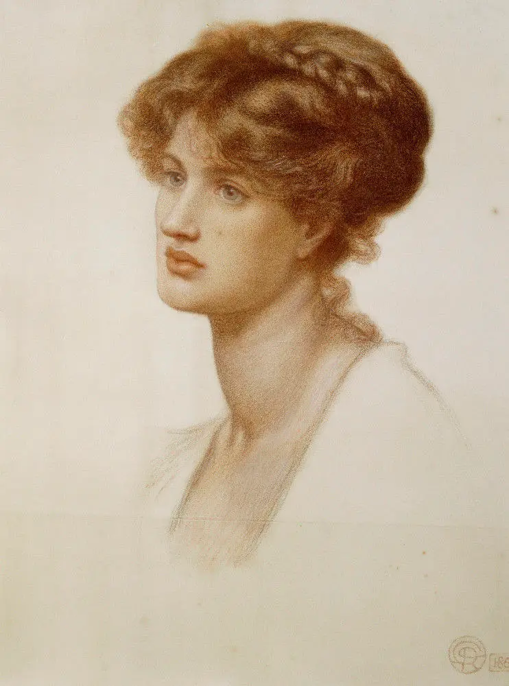 A portrait of Marie Spartali Stillman, 1869, by Dante Gabriel Rossetti. Red chalk on greenish paper; 24 1/2 inches by 18 1/2 inches. Andrew Lloyd Weber Collection. (Public Domain)