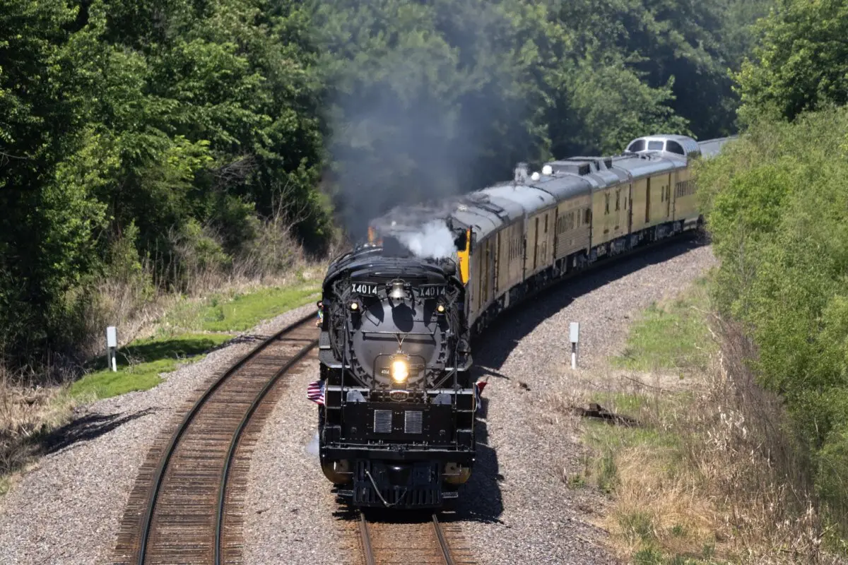 Union Pacific “Big Boy” No. 4014, the world’s largest operating steam locomotive, travels through the countryside during its cross-country journey to celebrate America's 250th birthday, near Tama, Iowa, on June 1, 2026. Between 1941 and 1944 Union Pacific commissioned 25 Big Boy locomotives, eight still remain, but the restored 4014 is the only one that is fully operational. (Scott Olson/Getty Images)