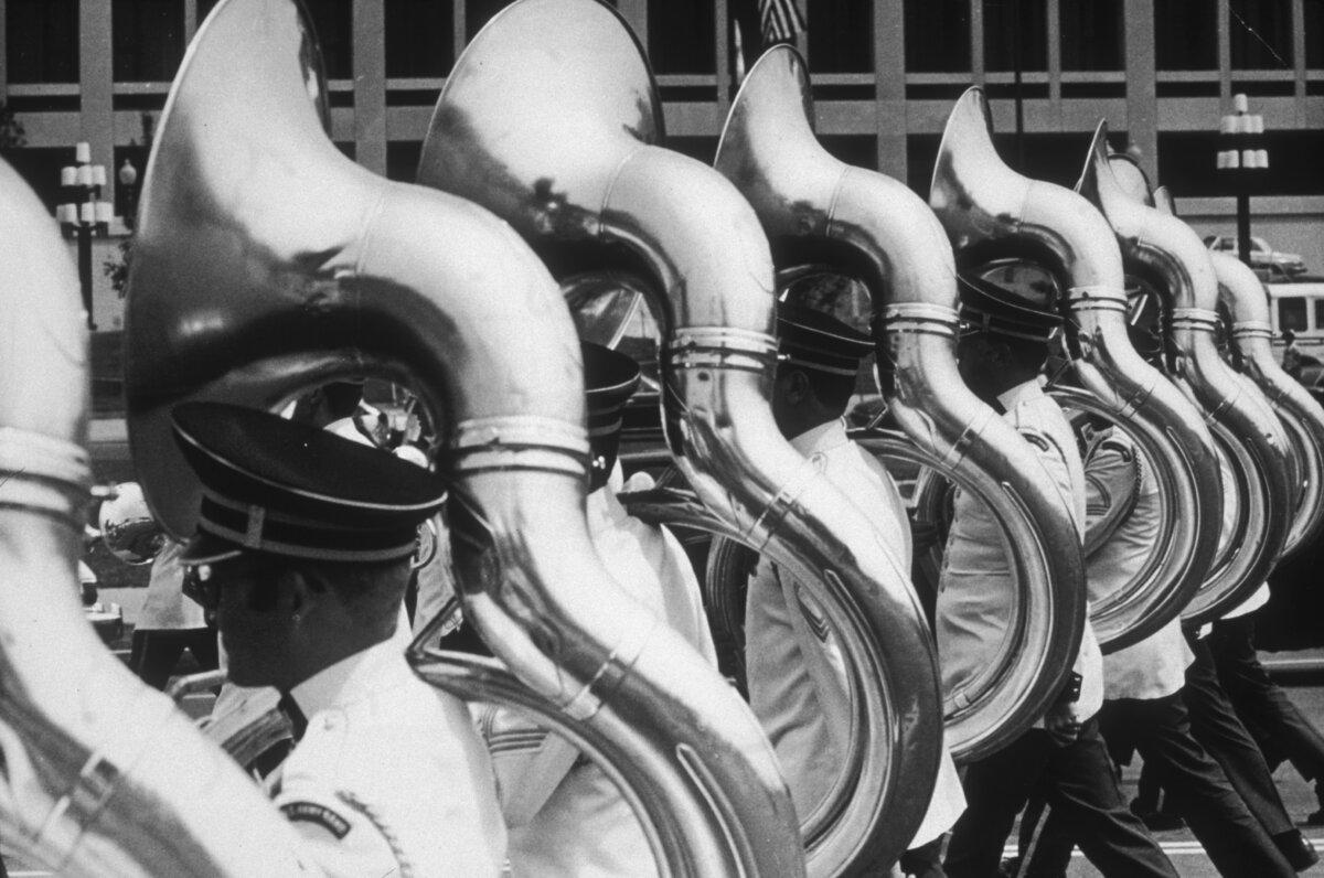 A line of sousaphone players from a U.S. Army band creates a geometric pattern as they march in a Bicentennial parade along Constitution Avenue, Washington, D.C., on July 3, 1976. (Hulton Archive/Getty Images)