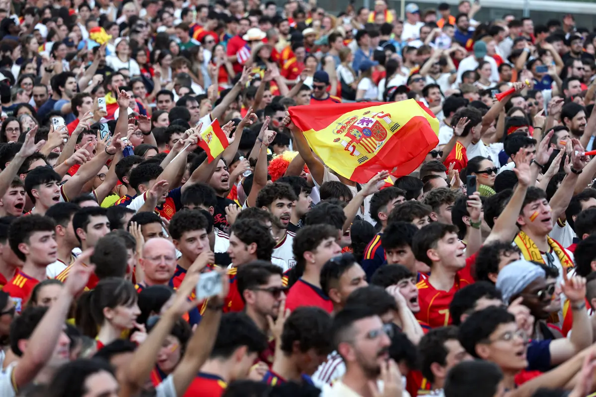 Spain supporters cheer prior the 2026 World Cup semifinal match between Spain and France on a giant screen in 'Madrid Rio' fan zone in Madrid on July 14, 2026. (Pierre-Philippe Marcou / AFP via Getty Images)