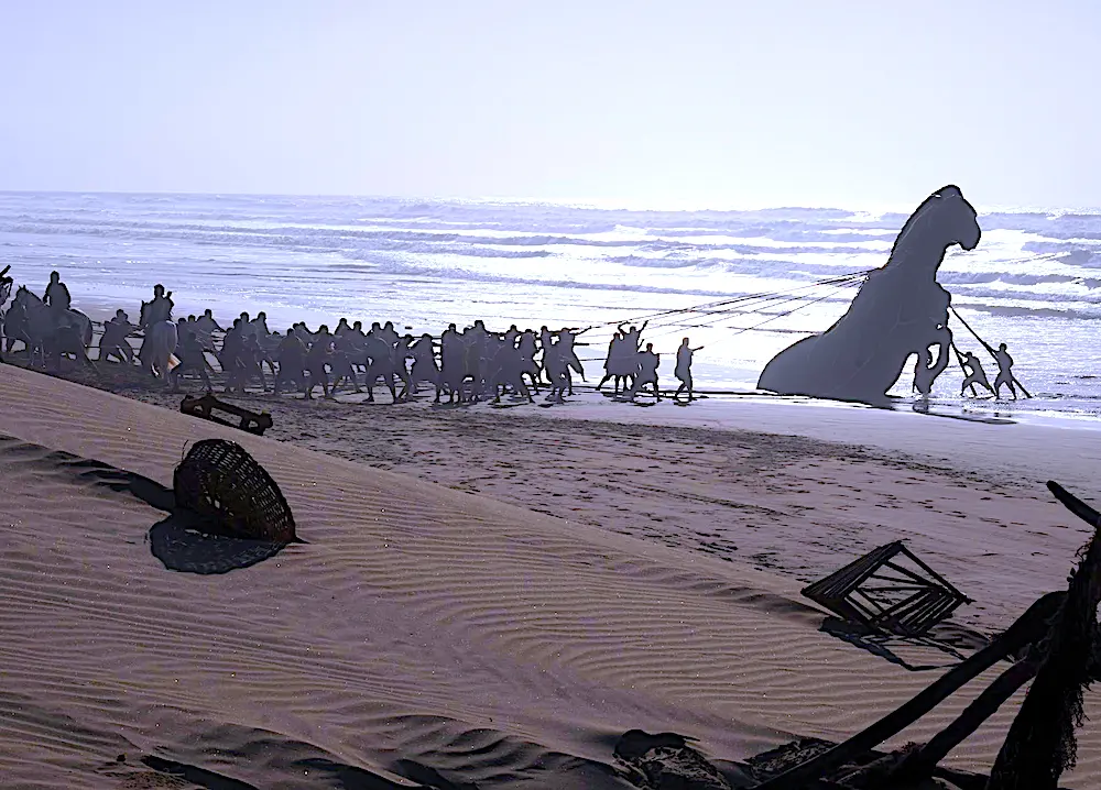 Trojan troops haul the Trojan Horse back to the city of Troy, in "The Odyssey." (Universal Pictures)