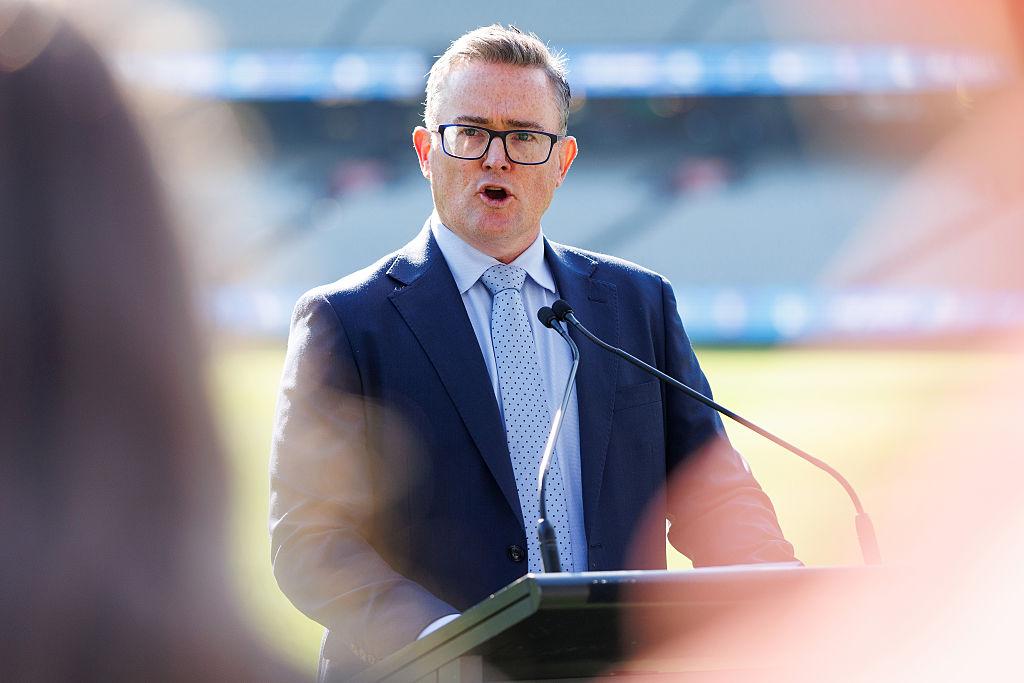 Alistair Dobson, executive general manager of Big Bash Leagues speaks during a visit to the Melbourne Cricket Ground in Australia on July 10, 2026. (Daniel Pockett/Getty Images for Cricket Australia)