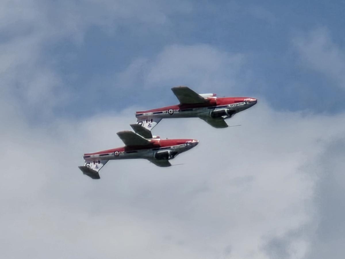 Two Snowbirds planes perform a stunt during the team’s annual Hometown Event show in Moose Jaw, Sask., on July 11, 2026. (Jason G. Antonio for The Epoch Times)