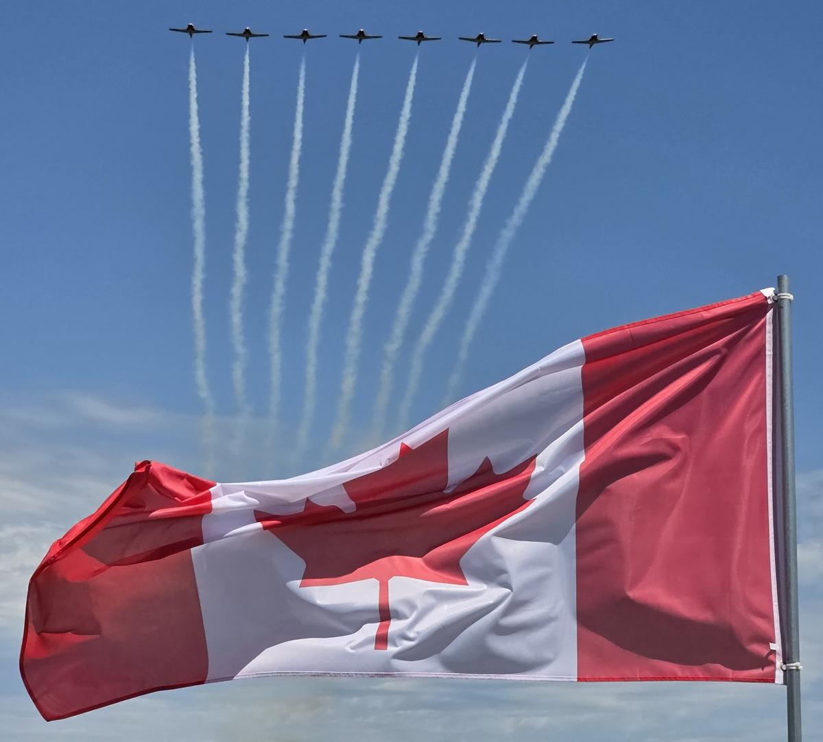 The Canadian Forces Snowbirds air demonstration team performs at the municipal airport near Moose Jaw, Sask., on July 11, 2026. That date was also when the squadron first took flight 55 years ago. (Jason G. Antonio for The Epoch Times)