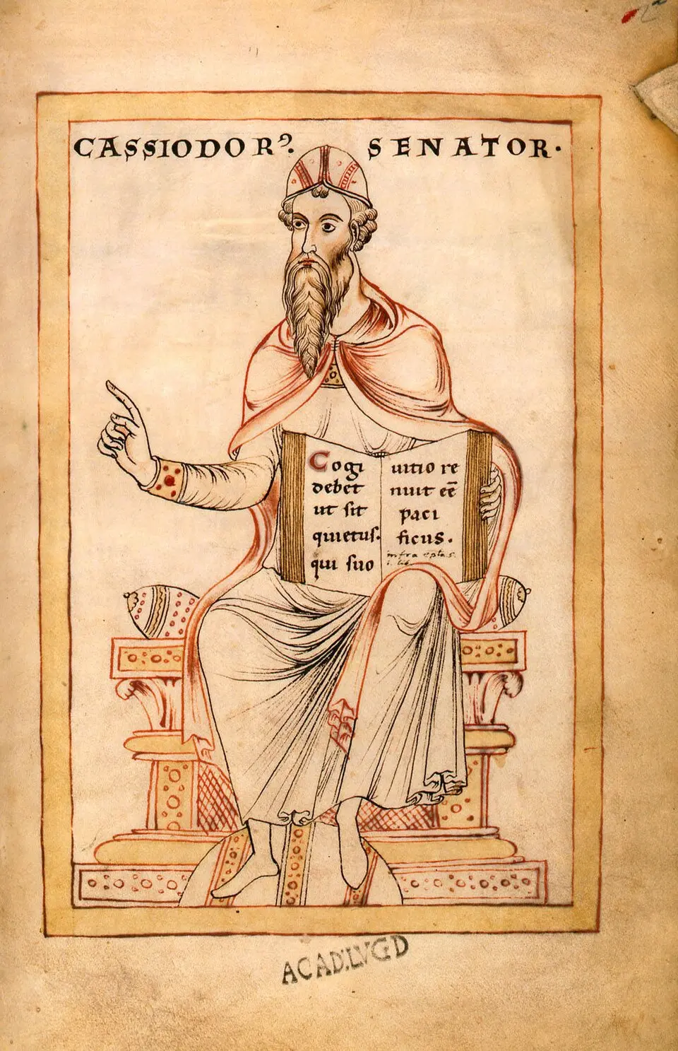 Cassiodorus in a 12th-century depiction in the Leiden manuscript, currently in Fulda, Germany. (Public Domain)