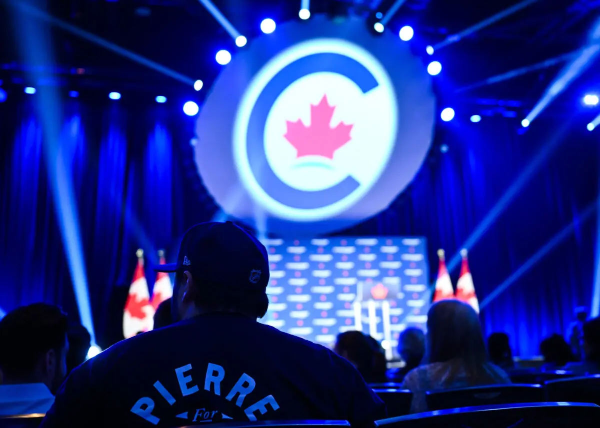 A supporter for Conservative Leader Pierre Poilievre watches the results during the Conservative Party election night event at Rogers Centre Ottawa, in Ottawa on April 28, 2025. (Minas Panagiotakis/Getty Images)