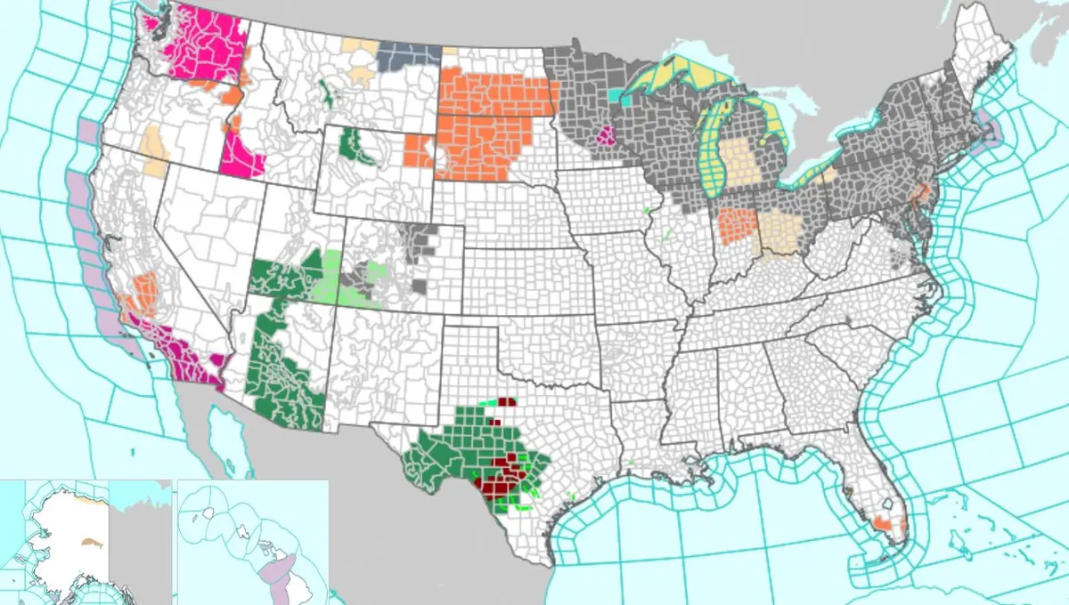 A map released by the National Weather Service, dated July 16, 2026, shows air quality alerts in dark gray issued for much of the East Coast and the Midwestern United States. (U.S. National Weather Service)