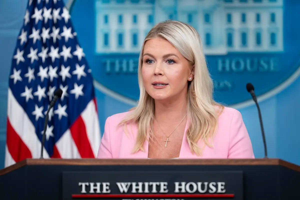 White House press secretary Karoline Leavitt holds her first press briefing after being away on maternity leave, at the White House on July 16, 2026. (Madalina Kilroy/The Epoch Times)