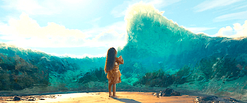 Moana (Emma Puahi-Shapazian), 4-years old, talks to a playful ocean wave, in "Moana." (Disney)