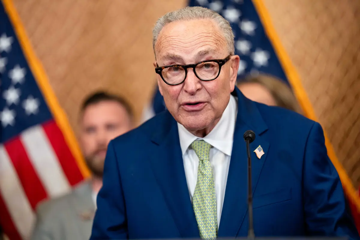 Senate Minority Leader Chuck Schumer (D-N.Y.) delivers remarks in the Capitol Building in Washington on July 15, 2026. (Aaron Schwartz/Getty Images)