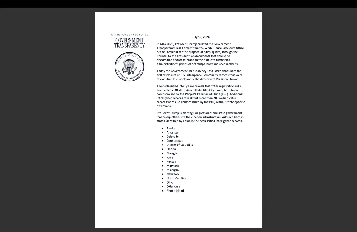 Newly declassified documents released by President Donald Trump on July 16, 2026.