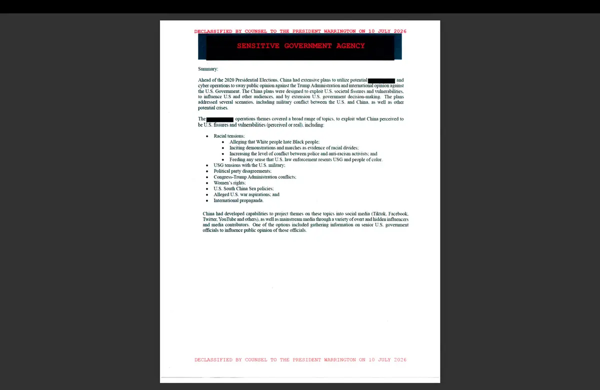 Newly declassified documents released by President Donald Trump on July 16, 2026.