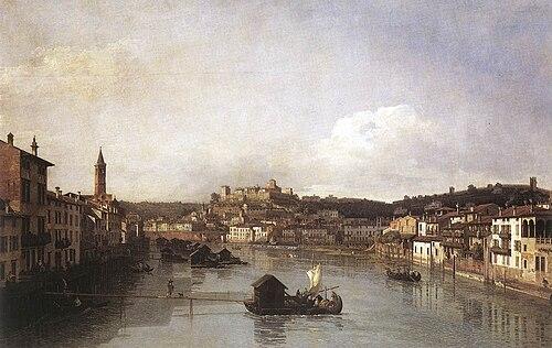 "View of Verona and the River Adige from the Ponte Nuovo," 1747–1748, by Bernardo Bellotto. This painting shows a panorama of Verona, Italy, where Father Calabria lived. He sent handwritten letters in Latin that connected his simple world with Lewis’s Oxford study. (Public Domain)