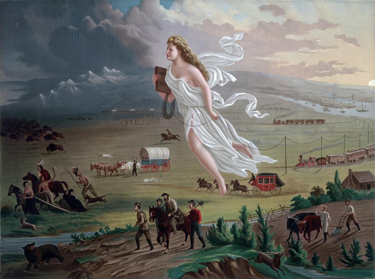 "American Progress," 1872, by John Gast. Manifest destiny is personified as a superhuman figure guiding explorers across North America. (Public Domain)