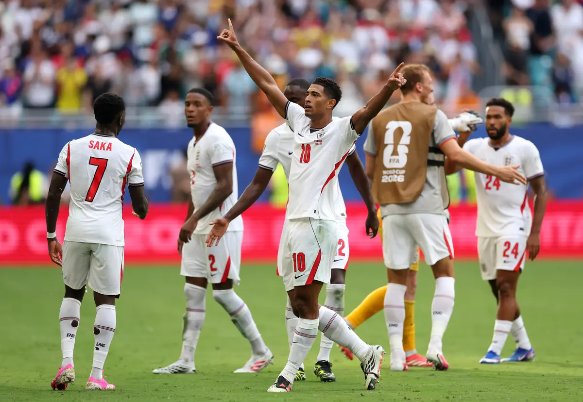 Jude Bellingham (C) of England celebrates scoring his team's sixth goal during the FIFA World Cup 2026 Bronze match against France at Miami Stadium on July 18, 2026. (Luke Hales/Getty Images)