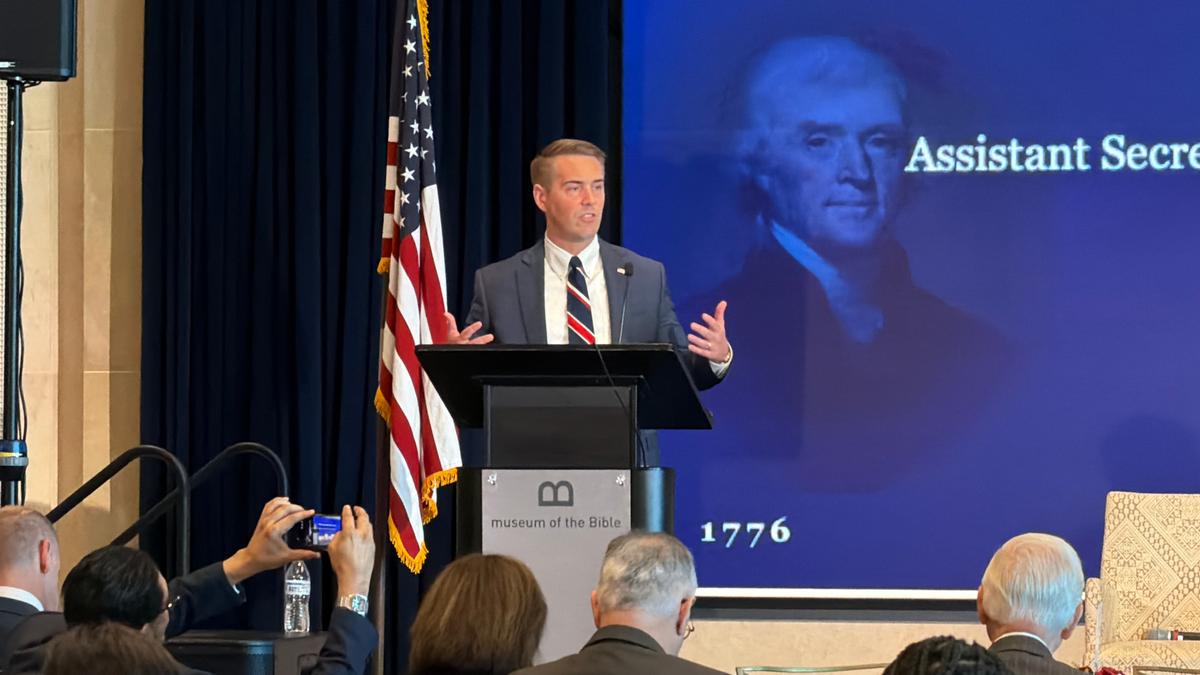 Riley Barnes, assistant secretary of state for democracy, human rights, and labor, speaks at an international religious freedom forum in Washington on July 16, 2026. (Courtesy of Sound of Hope Radio Network)
