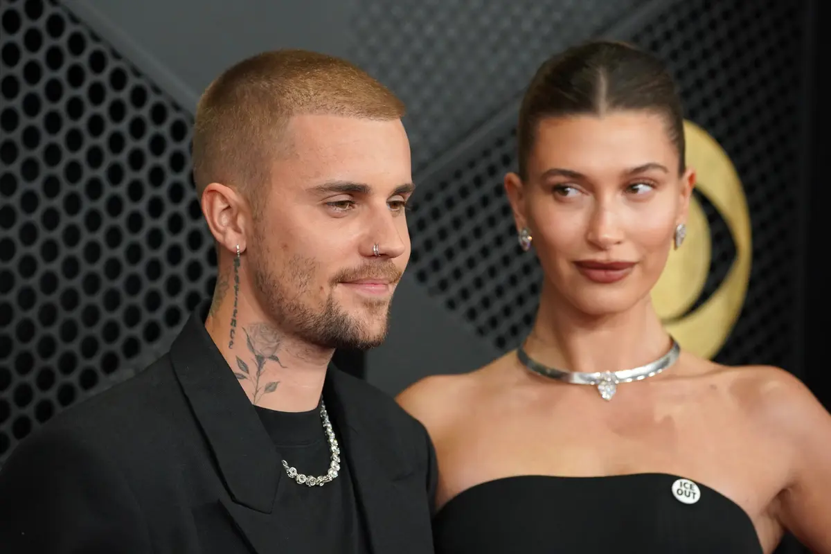Justin Bieber and Hailey Bieber arrive at the 68th annual Grammy Awards in Los Angeles on Feb. 1, 2026. (The Canadian Press/AP-Invision, Jordan Strauss)