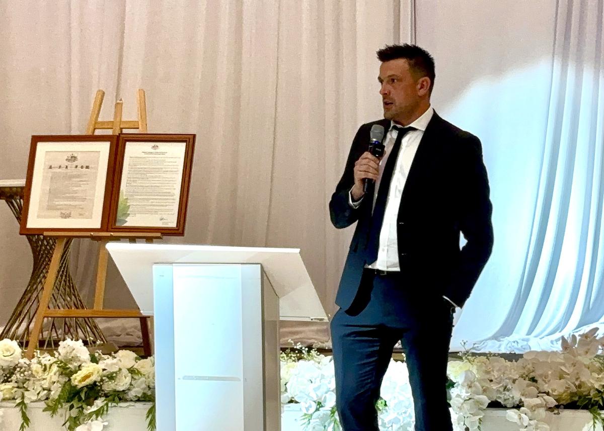 Chris Lawley speaking at the Unchained Rescue Banquet Sydney against child trafficking in Sydney, Australia on July 18, 2026. (The Epoch Times)