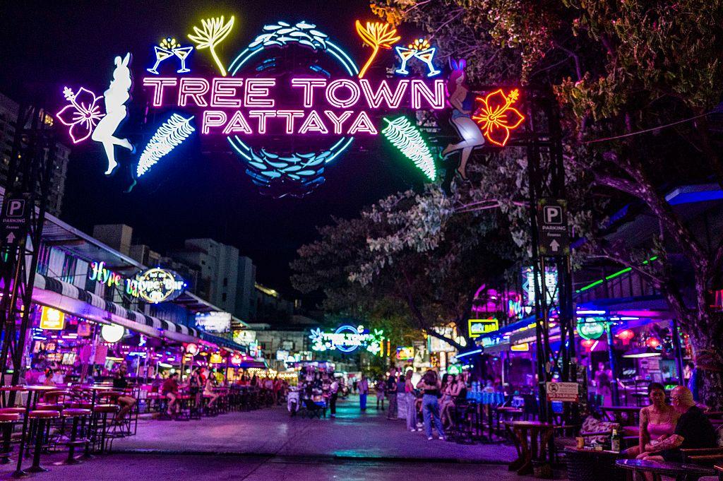 A general view shows signage for Tree Town in Pattaya, Thailand on July 2, 2026. (Anthony Wallace/AFP via Getty Images)