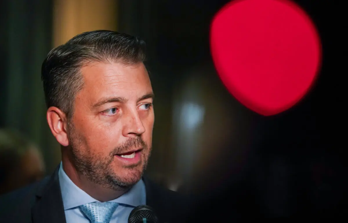 Saskatchewan Justice Minister and Attorney General Tim McLeod speaks to the media in Regina, on Oct. 22, 2025. (The Canadian Press/Heywood Yu)