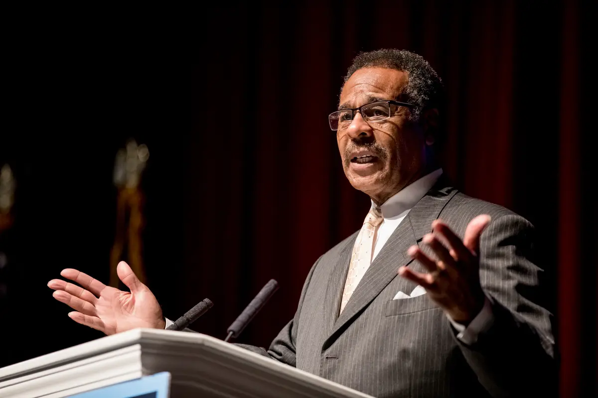 Rep. Emanuel Cleaver (D-Mo.) speaks at Uptown Theater in Kansas City, Mo., on Nov. 8, 2016. (Whitney Curtis/Getty Images)