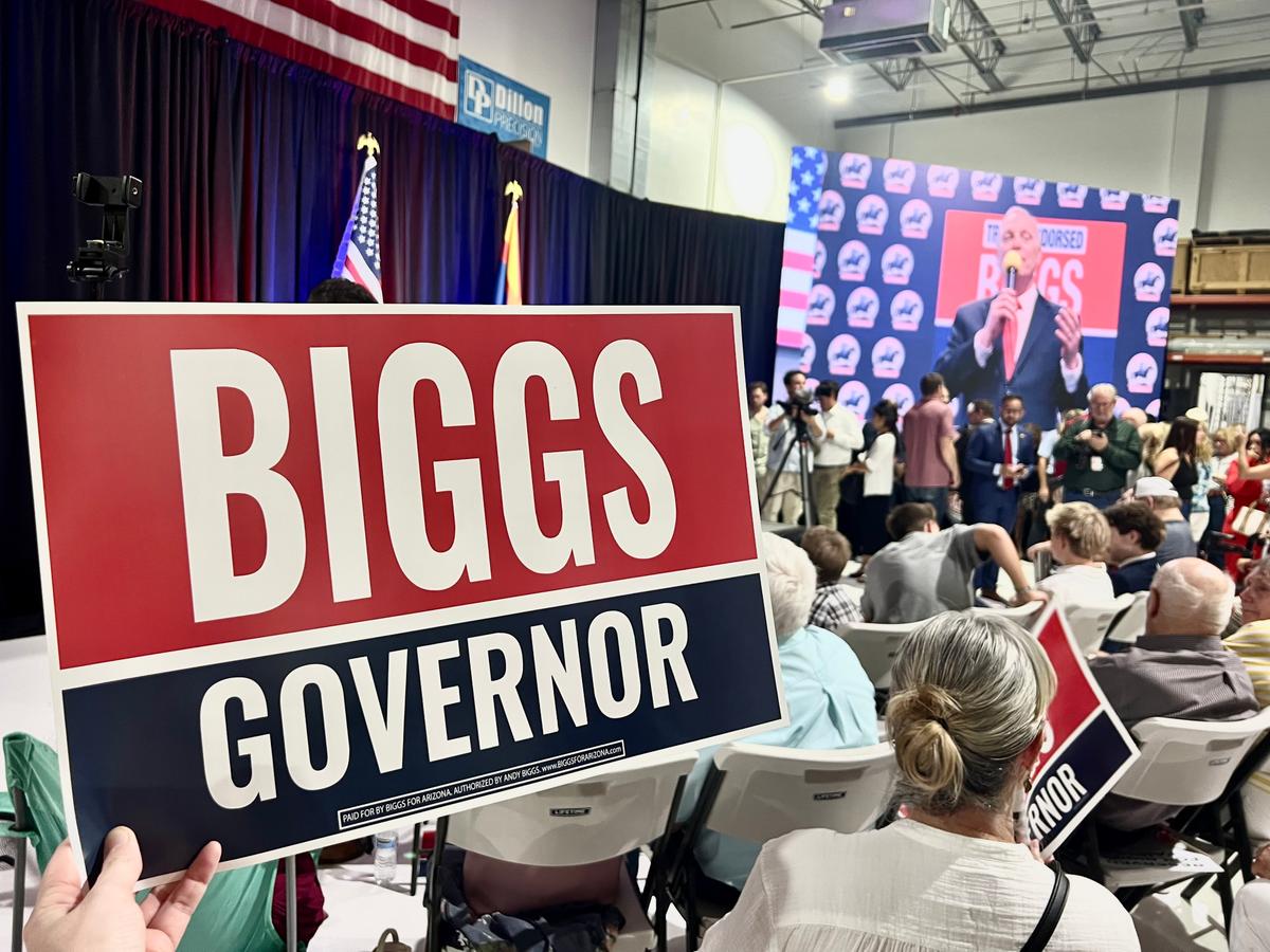 Supporters of Rep. Andy Biggs (R-Ariz.) attend a watch party for the politician at Dillon Precision in Scottsdale on July 21, 2026. (Jacki Thrapp/The Epoch Times)