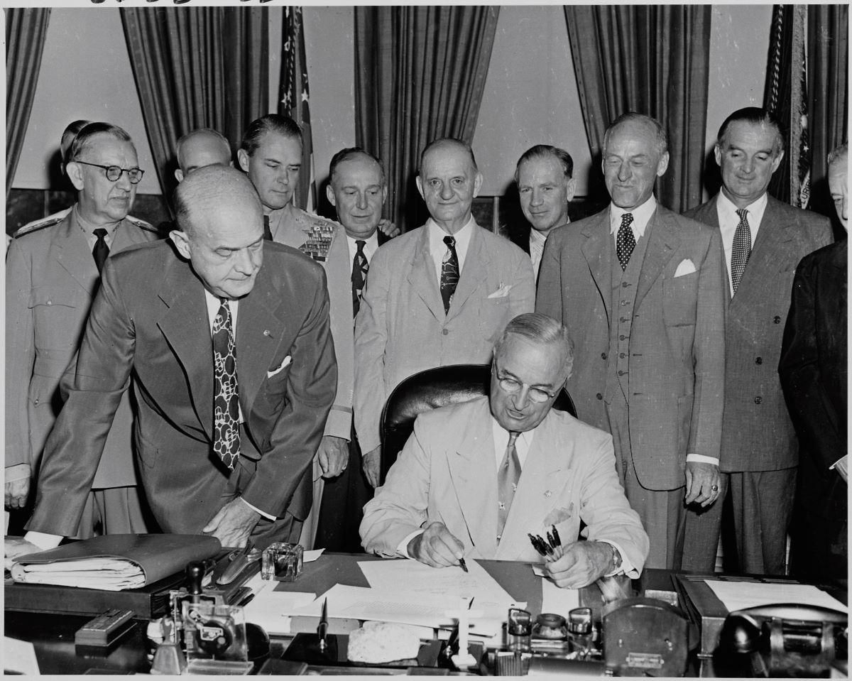 President Truman signs the National Security Act Amendment of 1949. National Archives and Records Administration. (Public Domain)