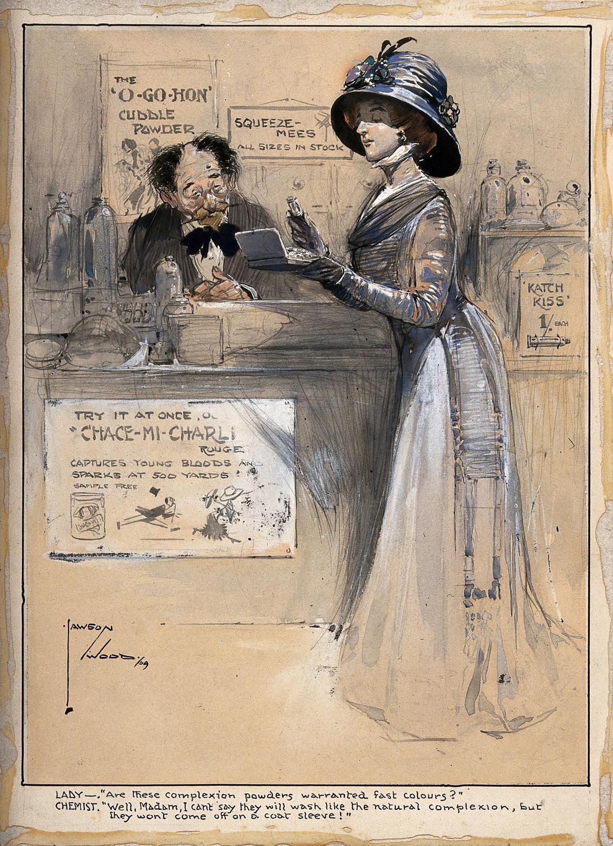 "A Fashionable Young Lady Asking a Pharmacist About the Durability of the Cosmetics He Sells," 1909, by Clarence Lawson Wood. Wellcome Library, London. (<a class="external text" href="https://commons.wikimedia.org/wiki/File:A_fashionable_young_lady_asking_a_pharmacist_about_the_durab_Wellcome_V0010778.jpg" rel="nofollow">Wellcome Images</a>/<a class="external text" href="https://creativecommons.org/licenses/by/4.0/" rel="nofollow">CC-BY-4.0</a>)