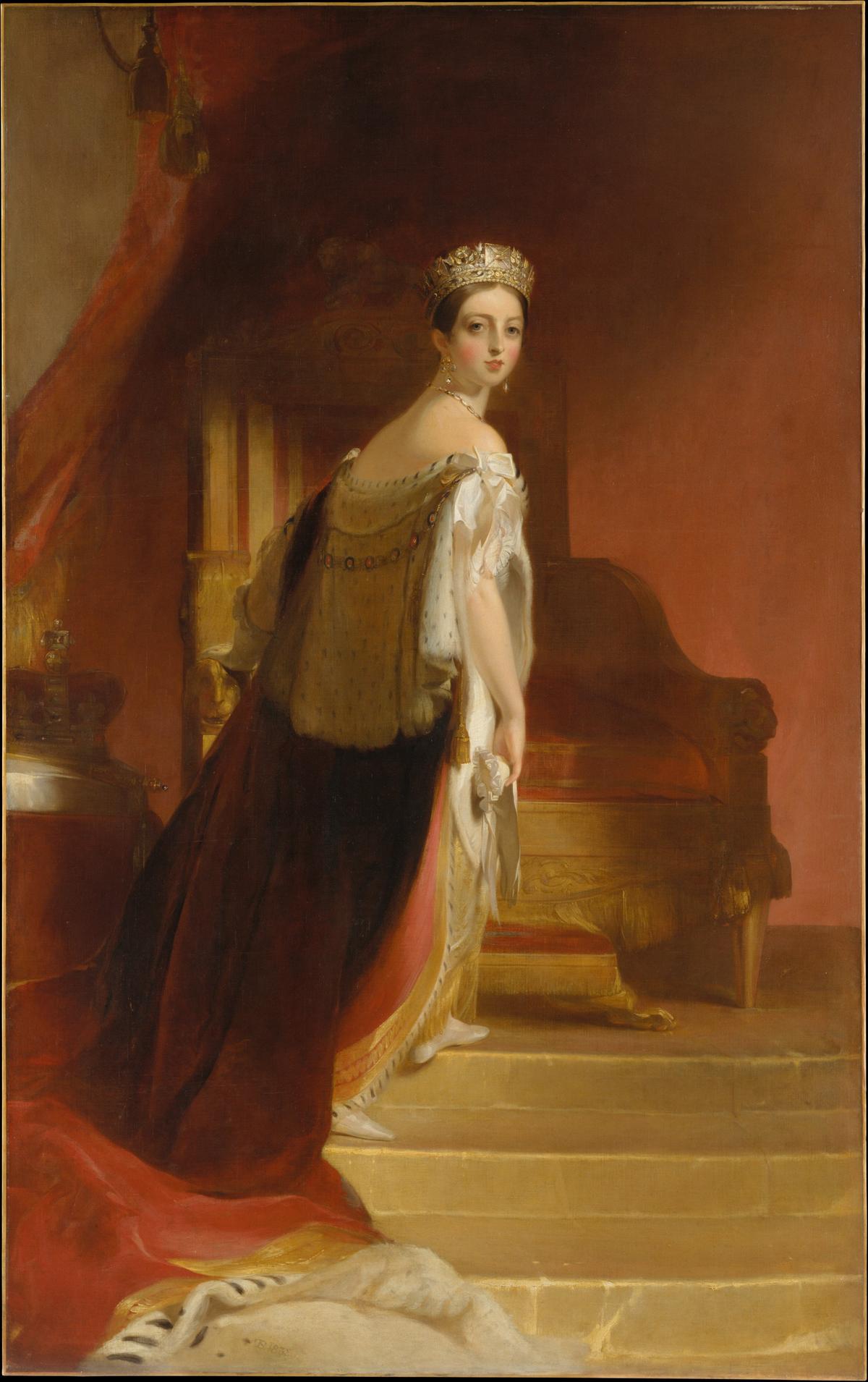 A portrait of Queen Victoria, 1838, by Thomas Sully. Oil on canvas; 94 inches by 58 inches. Metropolitan Museum of Art, New York City. (Public Domain)