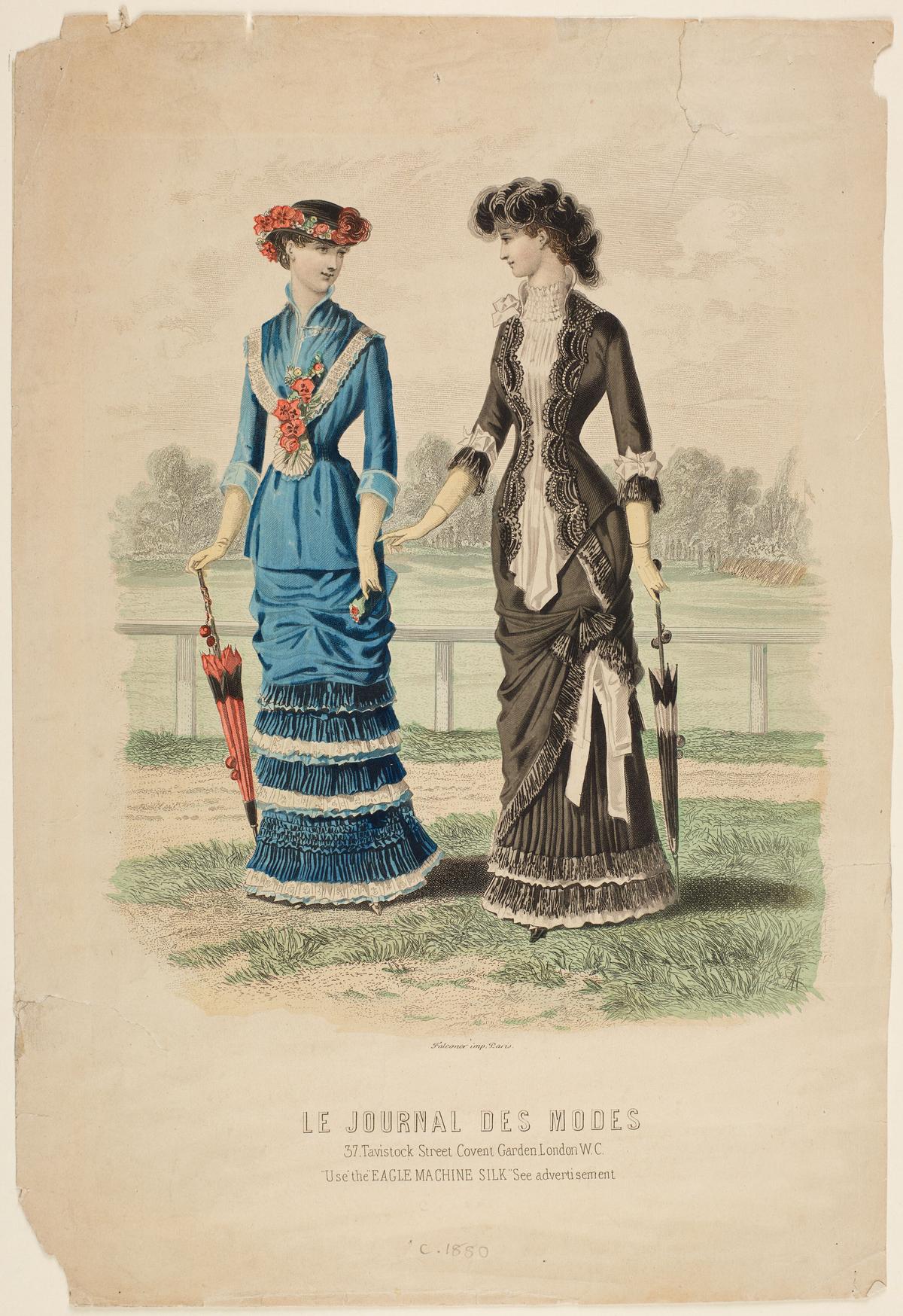 Fashion plate, 1880, published by Le Journal des Modes, London. Colored engraving on paper. Birmingham Museums Trust. (Public Domain)<br/><br/>