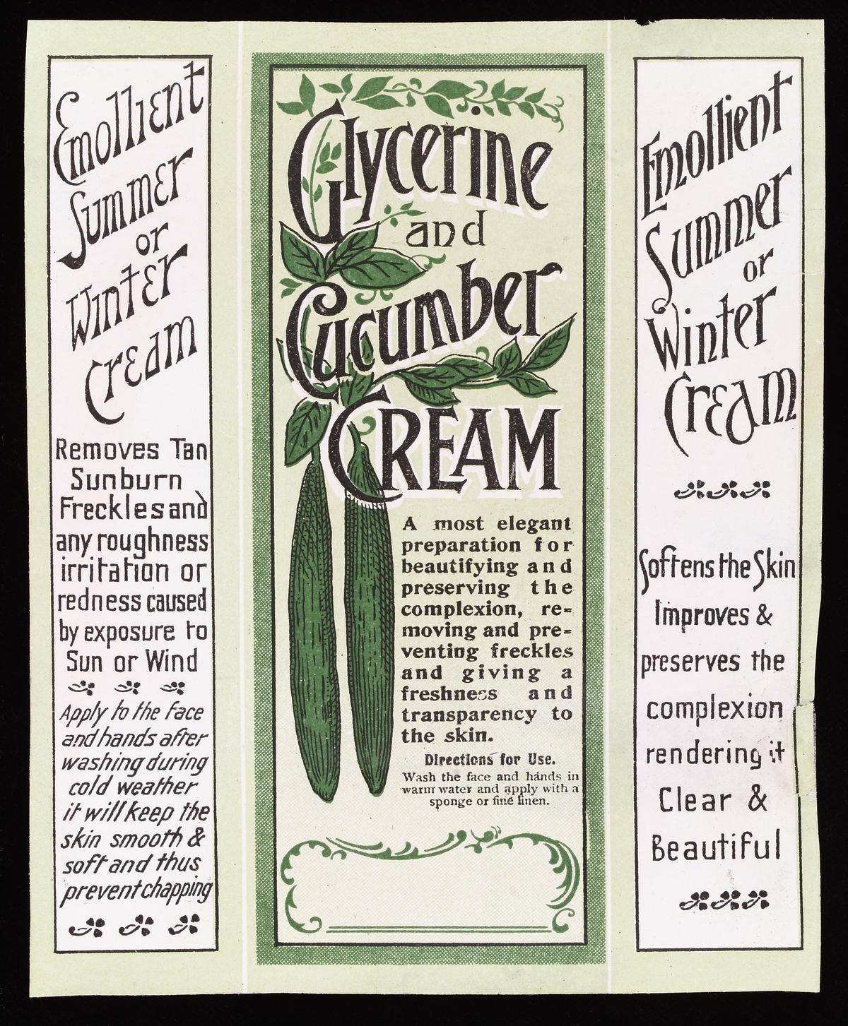 A colored illustration for "Glycerine and Cucumber Cream" from the 1890's Ephemera Collection. Wellcome Library, London. (<a class="external text" href="https://commons.wikimedia.org/wiki/File:Glycerine_and_Cucumber_Cream_Wellcome_L0034284.jpg" rel="nofollow">Wellcome Images</a>/<a class="external text" href="https://creativecommons.org/licenses/by/4.0/" rel="nofollow">CC-BY-4.0</a>)