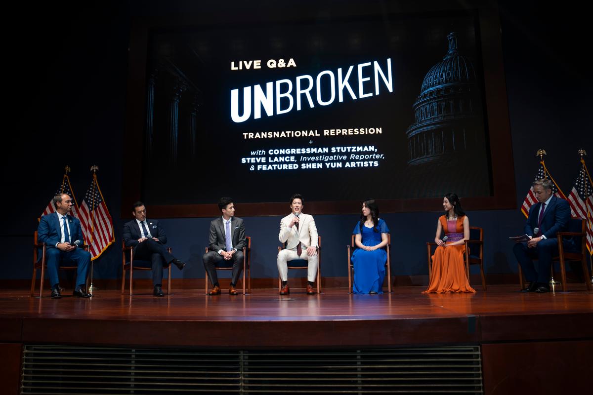 (L-R) Rep. Marlin Stutzman (R-Ind.); Shen Yun Emcee Leeshai Lemish; Shen Yun artists Lucas Browde, Jesse Browde, Rachel Chen, and Angela Lin; and NTD host and executive producer Steve Lance speak during a panel discussion after a special viewing of the documentary “Unbroken: The Untold Story of Shen Yun” at the U.S. Capitol on July 22, 2026. (Madalina Kilroy/The Epoch Times)