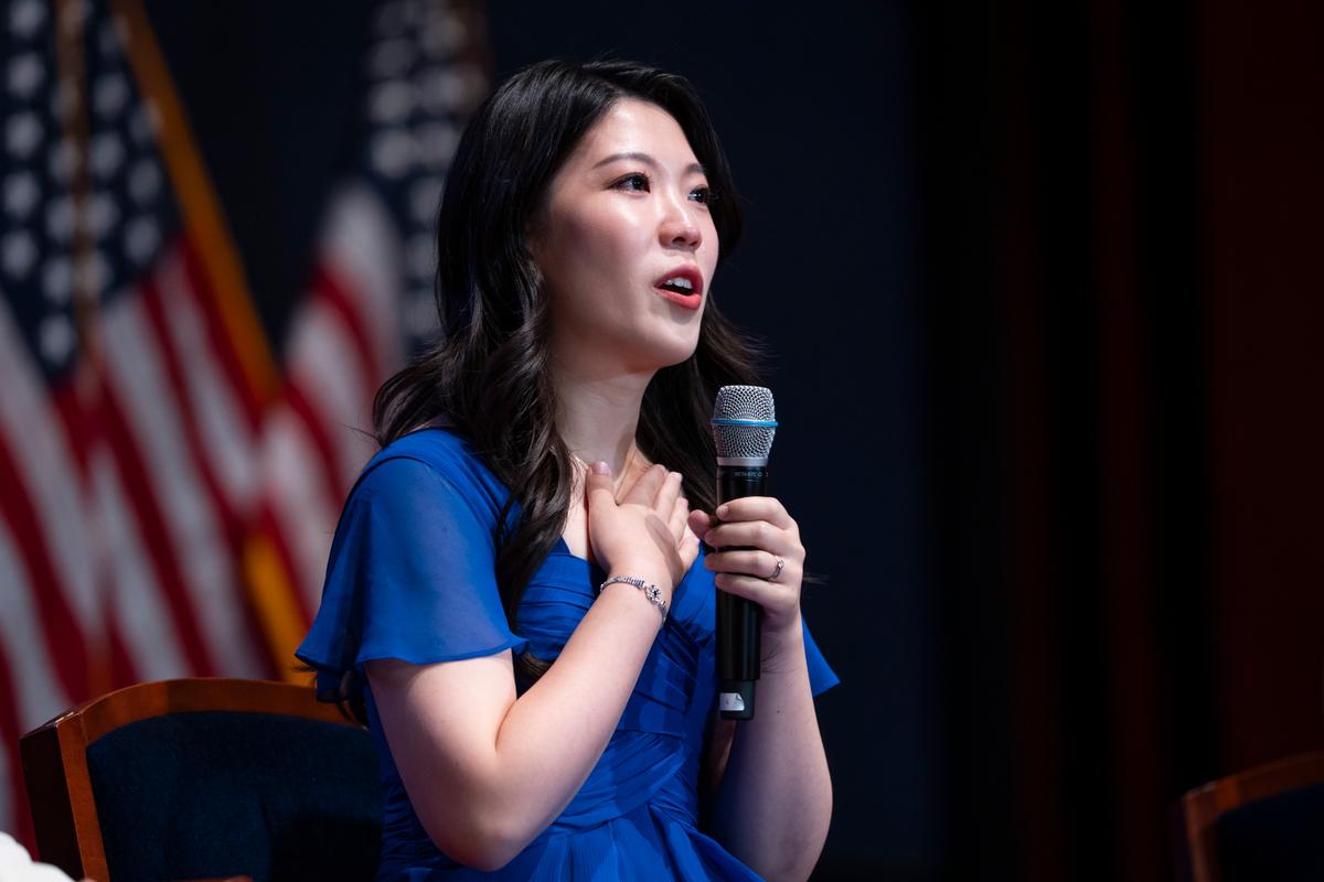 Shen Yun artist Rachel Chen speaks during a panel discussion after a special viewing of the documentary “Unbroken: The Untold Story of Shen Yun” at the U.S. Capitol on July 22, 2026. (Madalina Kilroy/The Epoch Times)