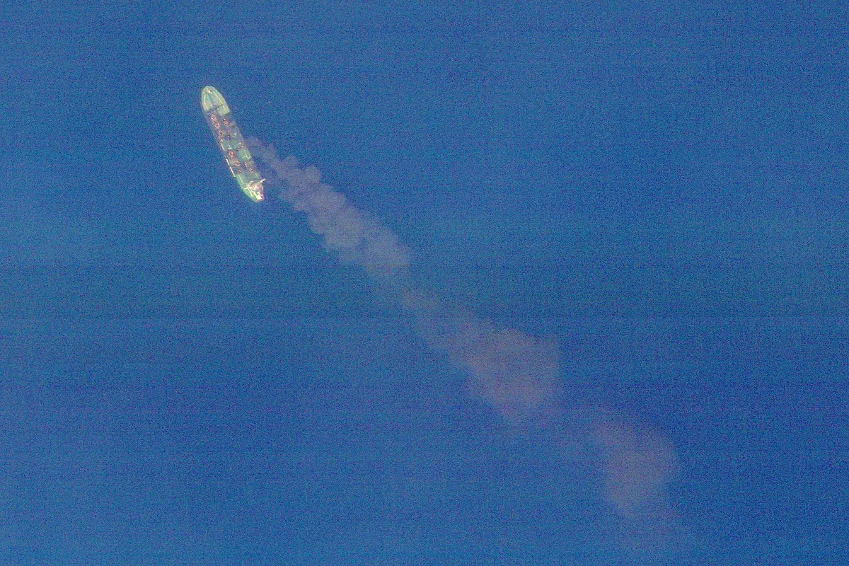 A Greek oil tanker burning after an attack by Yemen's Iran-aligned Houthis in the Red Sea, on Sept. 6, 2024. (Planet Labs Inc./Reuters)