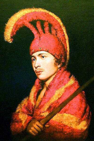 "Man Wearing Feather Cloak and Helmet," 1850, by Rembrandt Peale. Moses Williams is the model. (Public Domain)