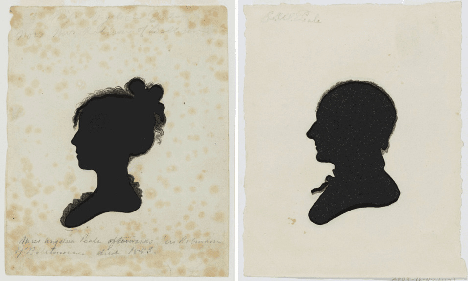Work attributed to Moses William: (L) Angelica Peale Robinson, 1803, and (R) Charles Willson Peale, circa 1825. (Public Domain)