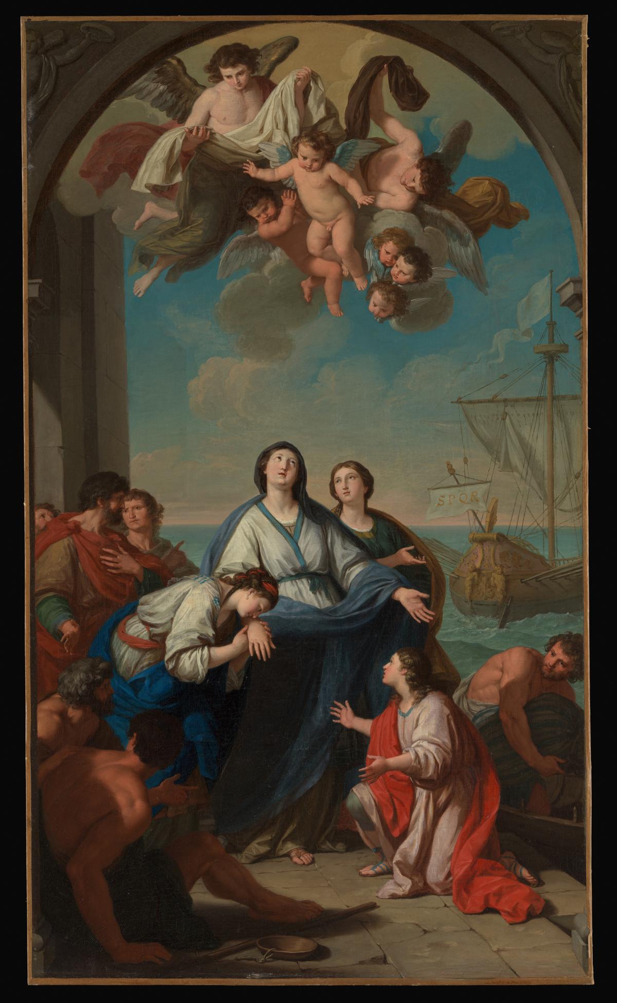 "The Departure of Saints Paula and Eustochium for the Holy Land," 18th century, by Giuseppe Bottani. Oil on canvas; 38 3/4 inches by 22 1/2 inches. The altarpiece depicts the 4th-century Roman widow St. Paula and her daughter, St. Eustochium, bidding farewell to their attendants before departing for the Holy Land to join St. Jerome, with Paula's daughter, Rufina, kissing her hand and her son, Toxotius, kneeling at right. Metropolitan Museum of Art, New York City. (Public Domain)